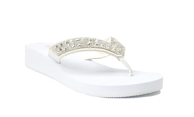 REDVOLUTION New Women's Rhinestone Sandals High | Low Platform T-Strap Jewel Sandals High Wedge Flip Flops (Bubbly-L [white], numeric_10) - Image 2
